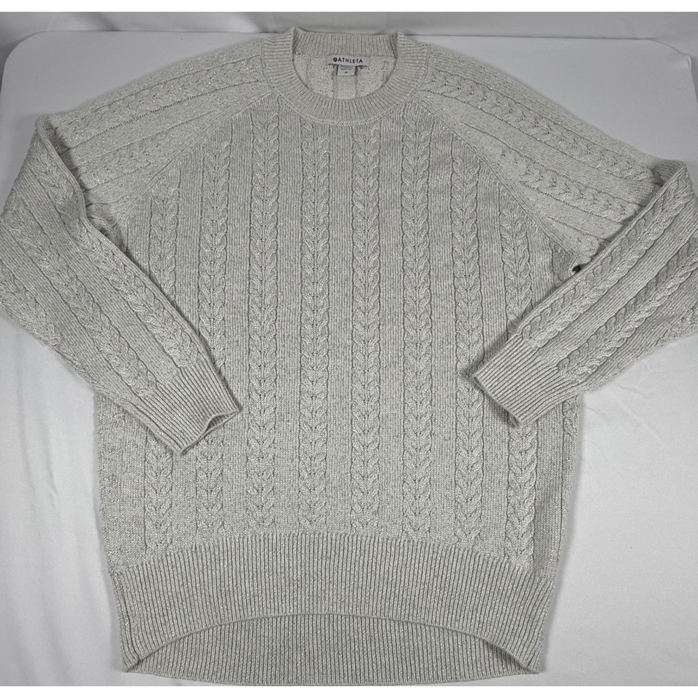 Athleta Silver Metallic Cable Knit Raglan Sweater Crew Neck Women Medium 211 E